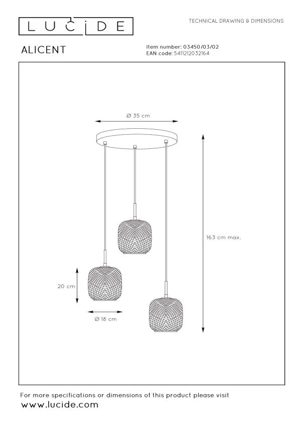 Lucide ALICENT - Suspension - Ø 35 cm - 3xE27 - Or Mat / Laiton - technique